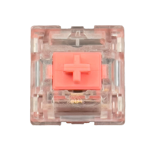 KTT Strawberry switch van bovenaf gezien met felroze stem en doorzichtige behuizing – lineaire mechanische switch